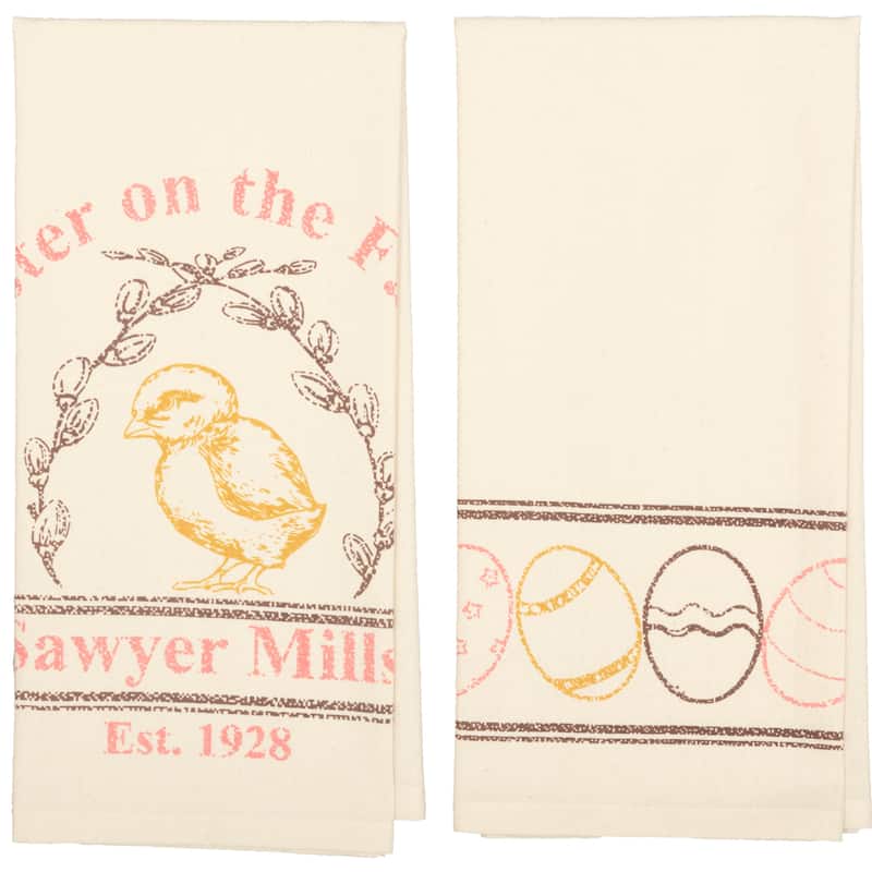 Sawyer Mill Easter on the Farm Chick Unbleached Natural Muslin Tea Towel Set of 2 19x28 - Tea Towel 28x19