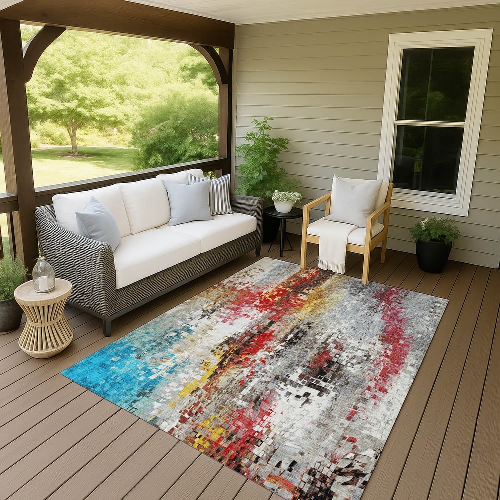 Machine Washable Indoor/ Outdoor Abstract Pixels Chantille Rug