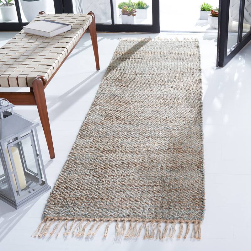 SAFAVIEH Handmade Natural Fiber Blagovesta Jute Fringe Rug - 2'3" x 8' Runner - Natural/Teal