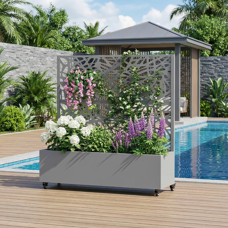 Metal Galvanized Planter Box with Trellis Privacy Screen Lockable Wheels
