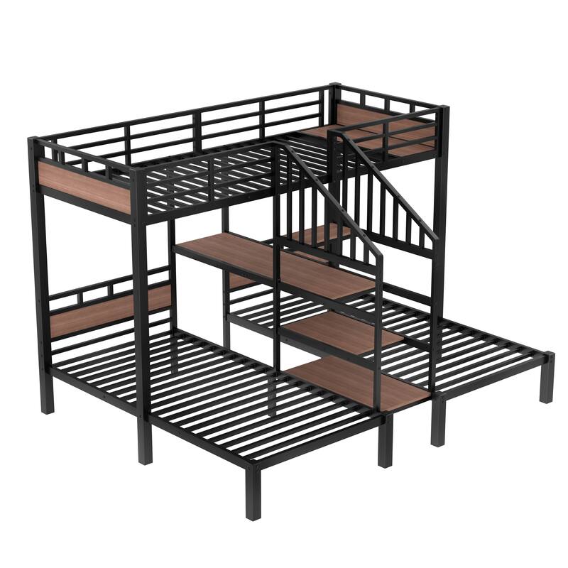 Triple Metal Bunk Bed with Storage Shelves and Stairs, Black