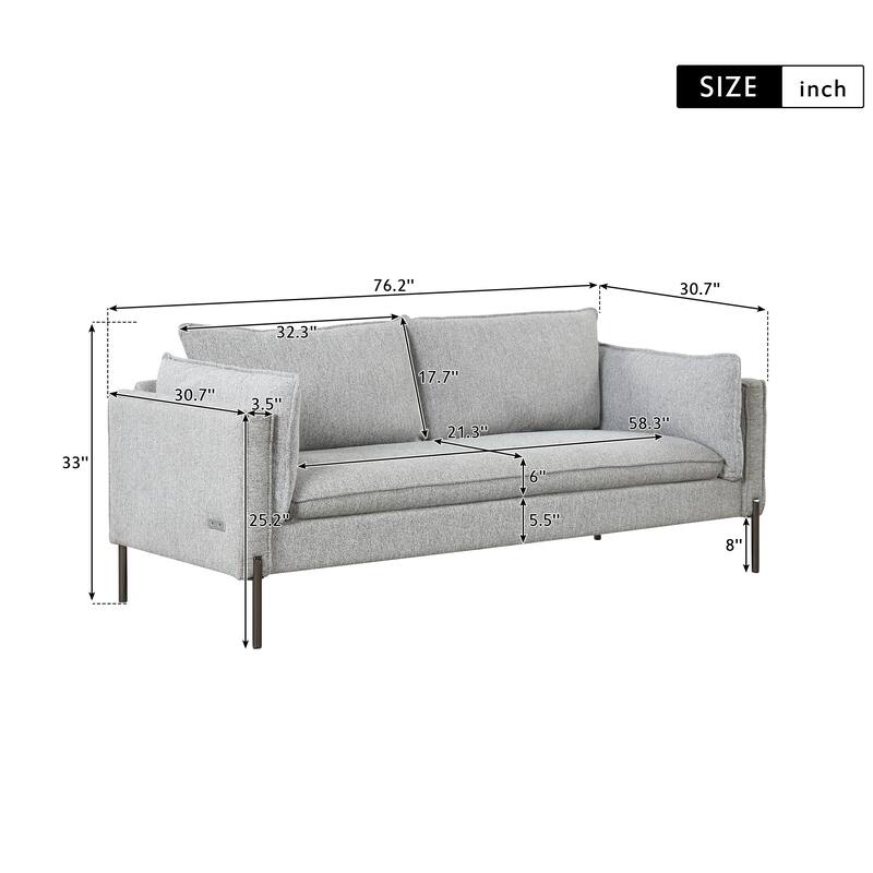 76.2" Modern Style 3 Seat Sofa for Living Room - Grey