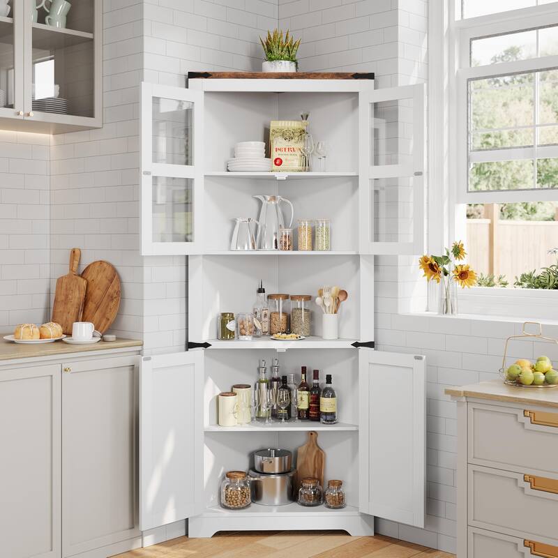 Tall Corner Cabinet, Farmhouse Corner Storage Cabinet with Glass Door & Adjustable Shelves, Space Saving Storage