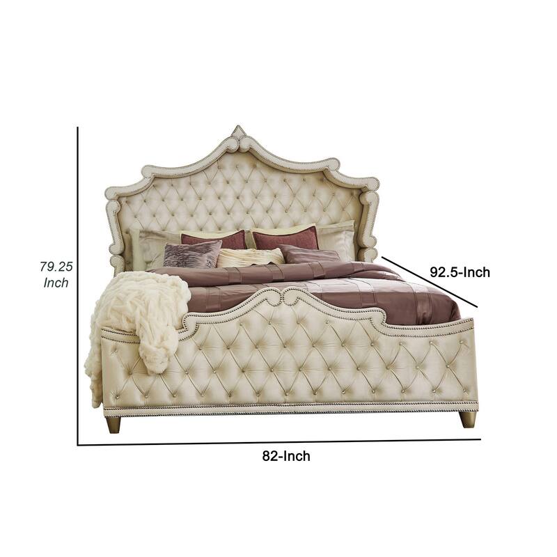 Lino California King Bed, Ivory Tufted Velvet Upholstery, French Carved