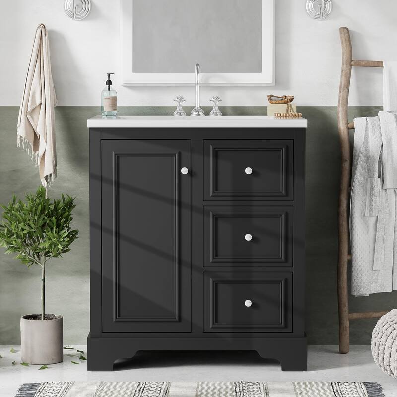 30-Inch Modern Bathroom Vanity Cabinet with Ceramic Basin, Floor Cabinet with Drawer Dividers and Adjustable Shelf