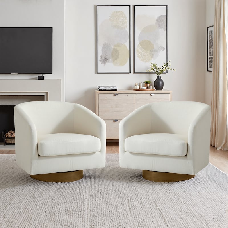 Faux Leather Wide Seat Swivel Barrel Chair - 2 Set/Brown Base - Beige/Linen