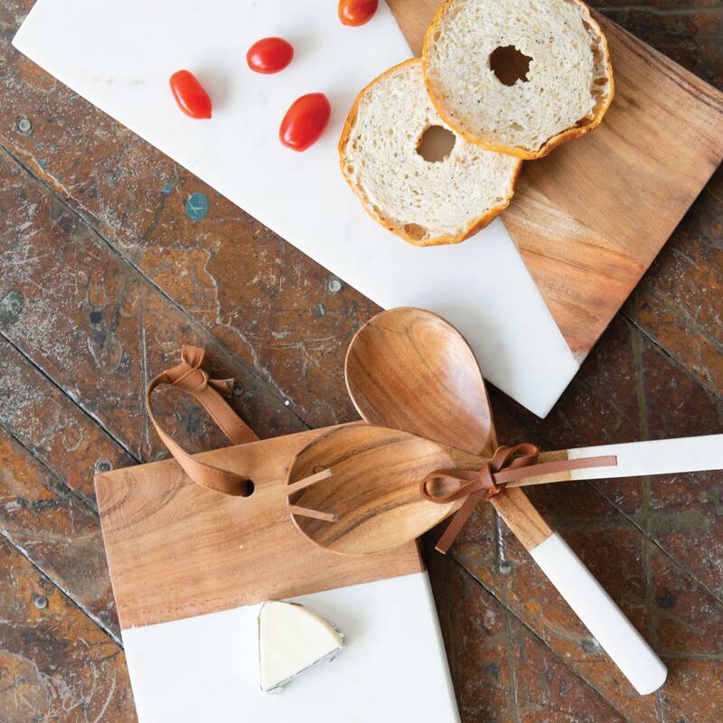 Foreside Home & Garden Small Square White Marble and Wood Kitchen Serving Cutting Board - 10x7x0.5