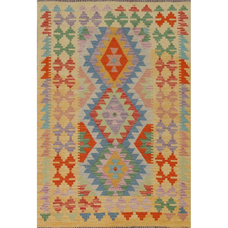 Reversible Kilim Accent Rug Oriental Hand-Woven Wool Carpet - 3'4"x 5'1"