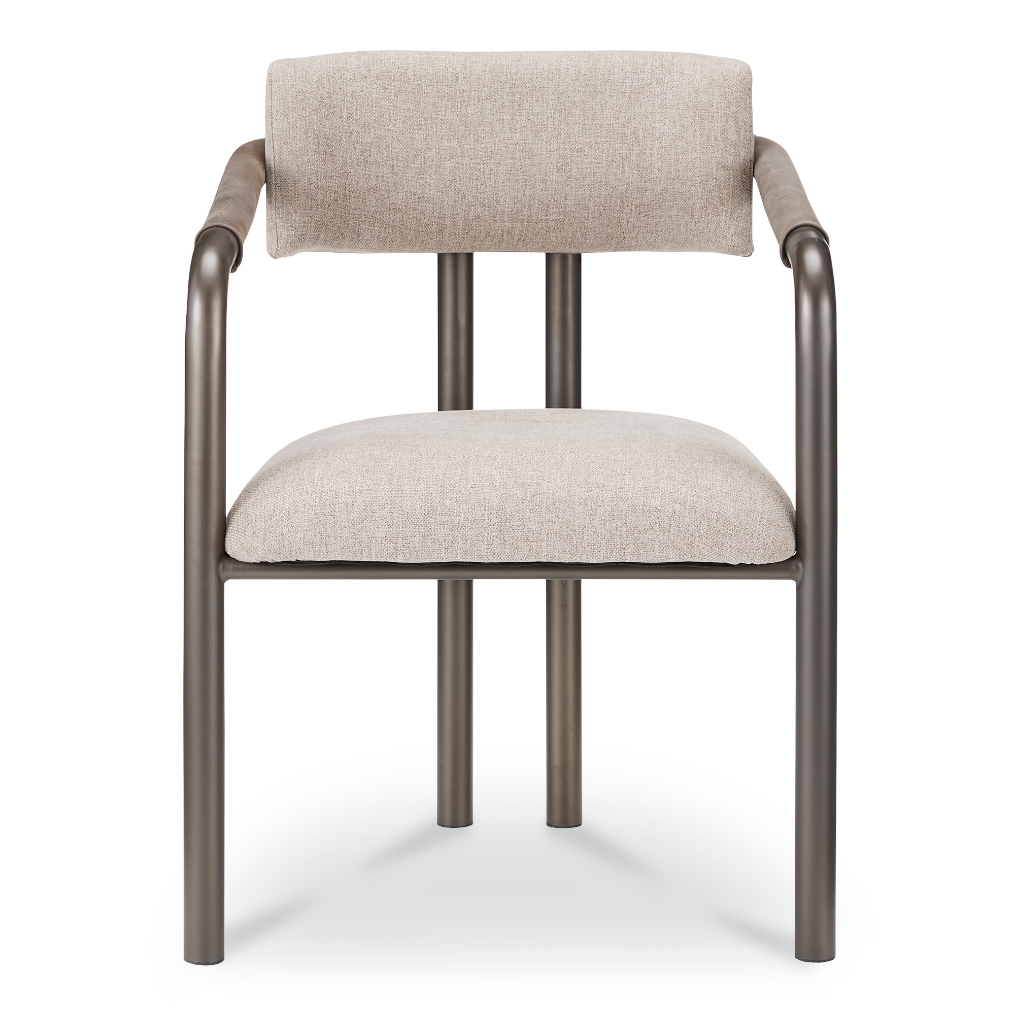 Title: NADAAL STUDIOS Dastan Dining Chair, Double-Beamed Back, Leather-Wrapped Arms, Brown