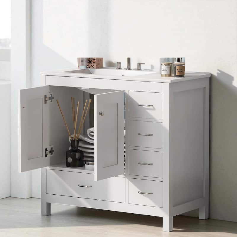 36" Bathroom Vanity with Ceramic Sink Solid Wood Base Soft Close Doors and 5 Storage Drawers