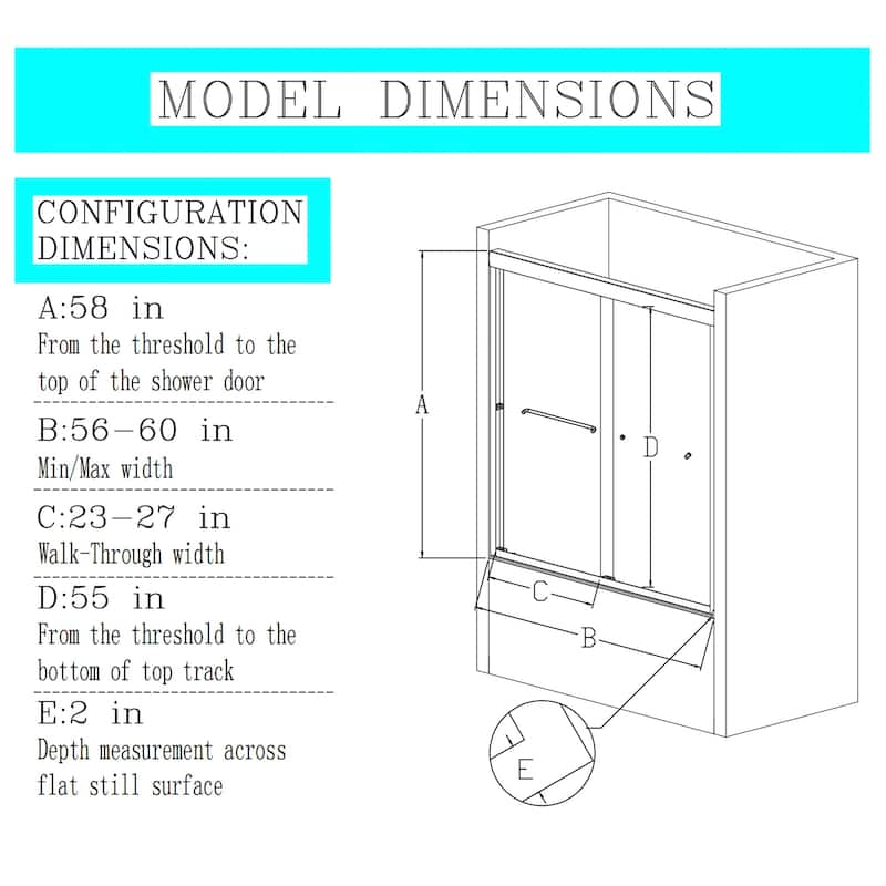 56-60" x 58" Semi-Frameless Double Sliding Tub Door