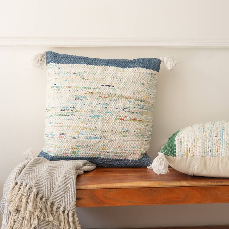 Handwoven Abstract Square Cotton Throw Pillow Cover - 20" - Cream and Stone Blue