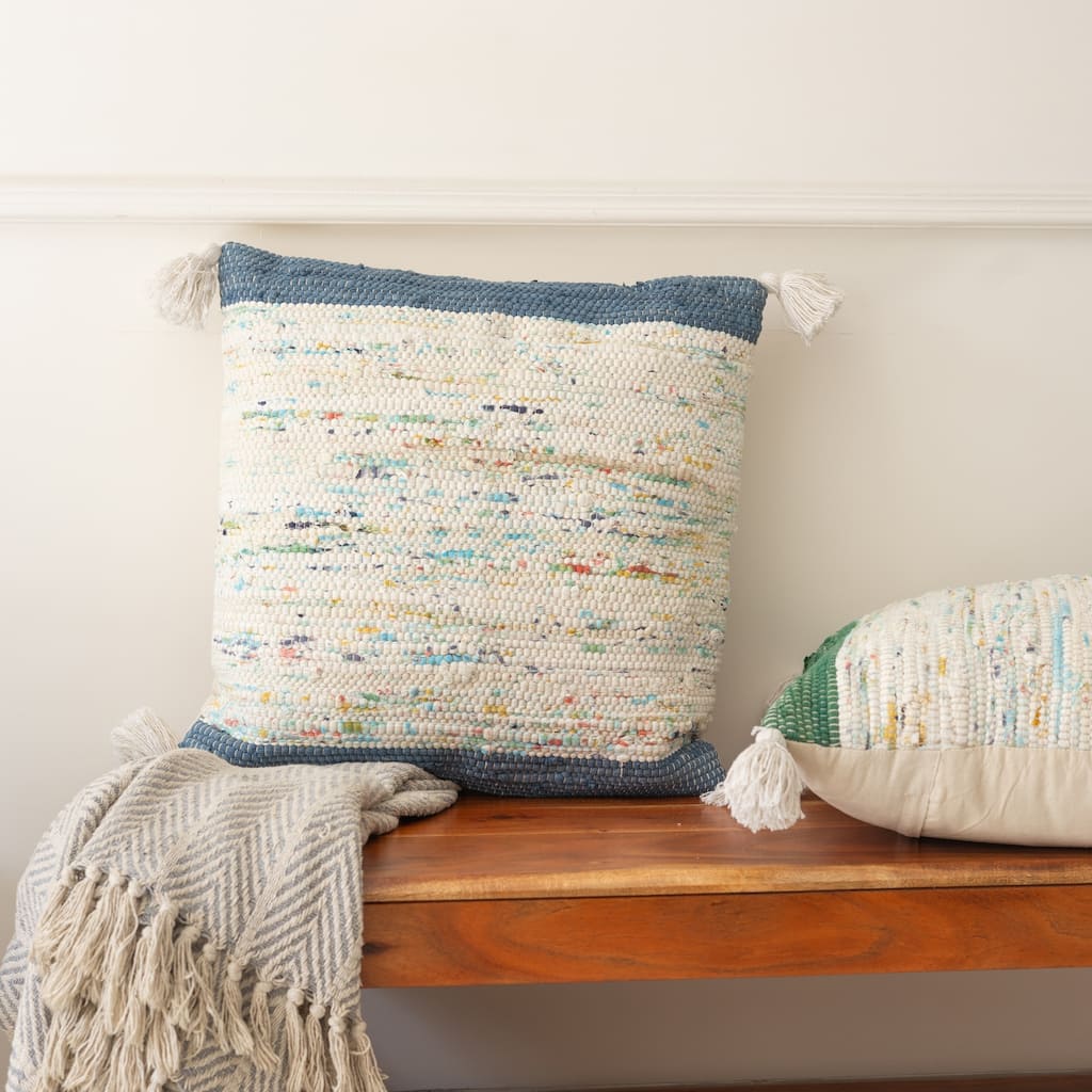 Handwoven Abstract Square Cotton Throw Pillow Cover - 20" - Cream and Stone Blue