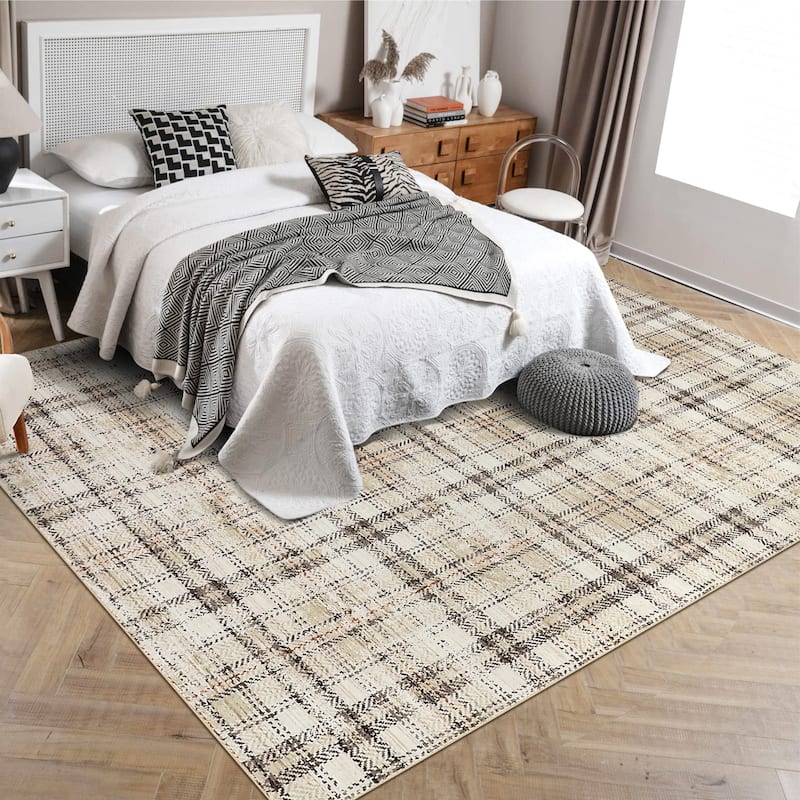 Garvee Earthy Plaid Soft Low Pile Foldable Area Rug