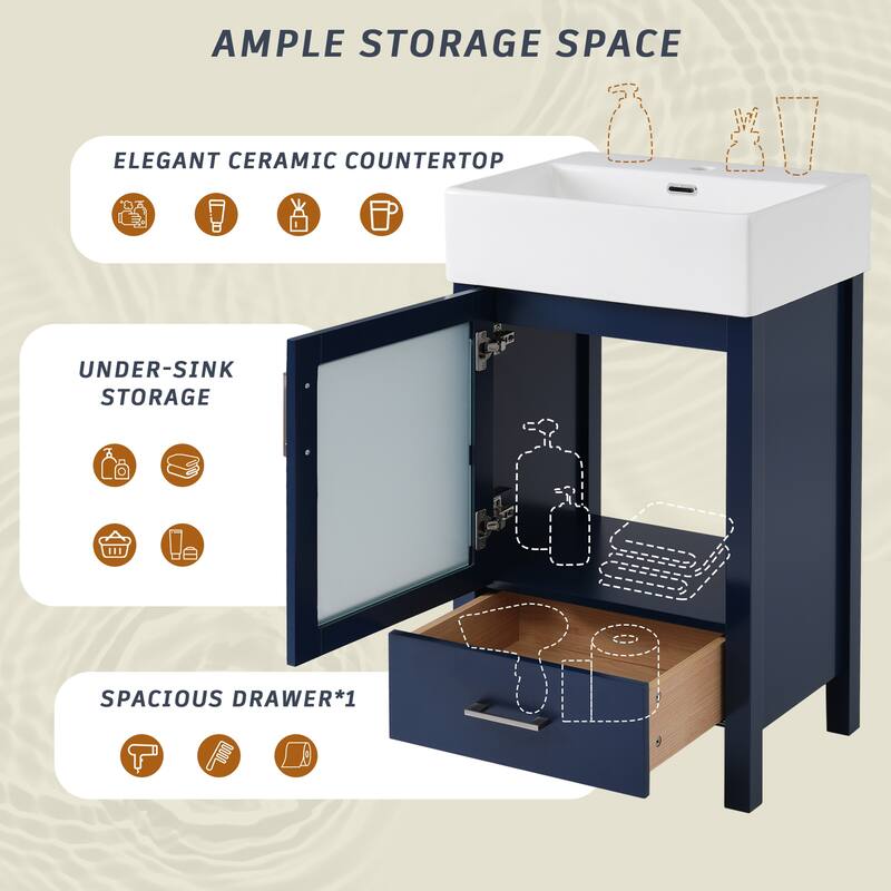 20" Bathroom Vanity with Hazy Glass Door Cabinet and Drawer for Small