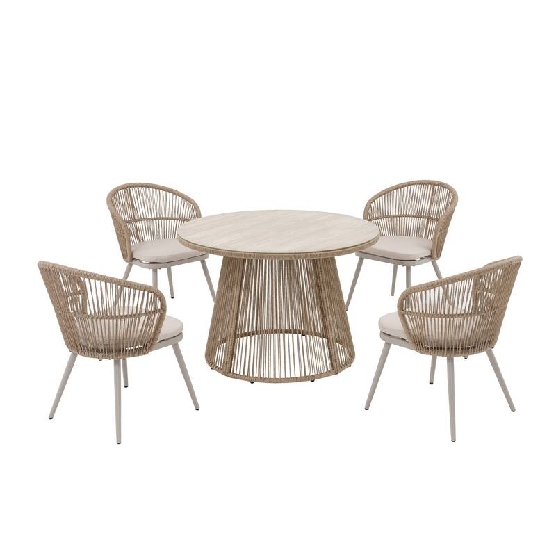 5 Pieces Outdoor PE Rattan Patio Dining Set with Round Tempered Glass Table
