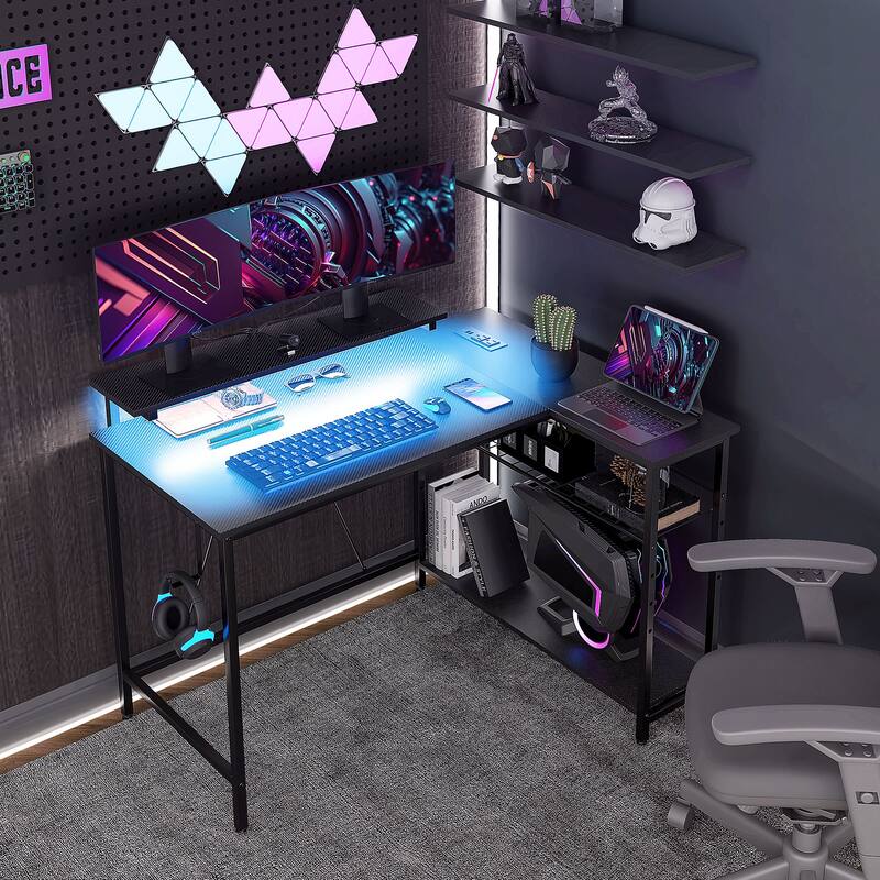 L-Shaped Computer Desk with LED Lighting, Adjustable Shelves, and Power Outlets Reversible Corner Table Office Desk