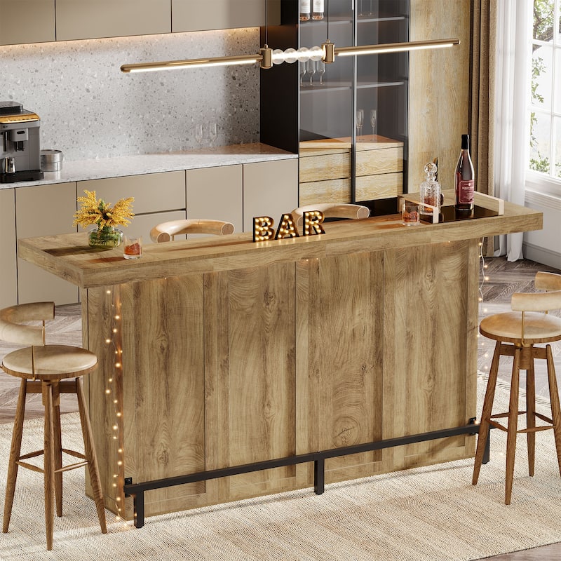 70.9" Wooden Home Bar Table with Wine Glass Holder, Pub Storage Unit Accent Table for Home Patio Basement -  Light Brown