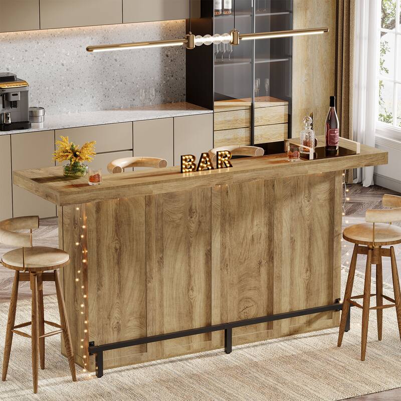 Industrial Wood Bar Table Liquor Cabinet with Wine Glass Holder - Natural Brown