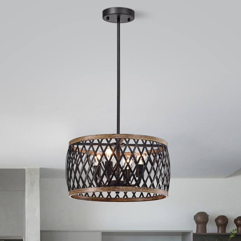 Agustin Matte Black 4-Light Metal Geometric Drum Shade Chandelier