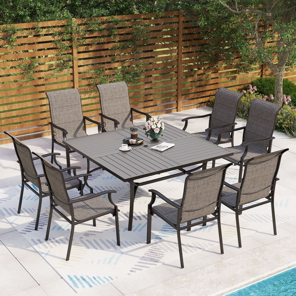 MAISON ARTS 9 Pieces Patio Dining Set, 60 Inch Square Metal Table and Sling Dining Rocking Chairs