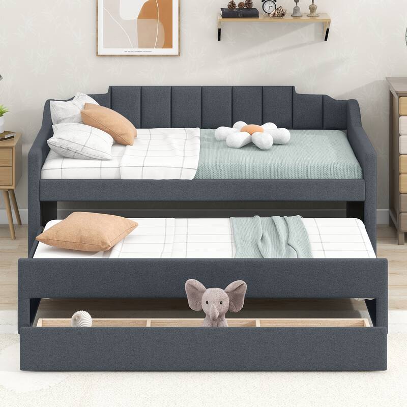 Twin Size Upholstered Daybed with Trundle and Three Drawers in Grey