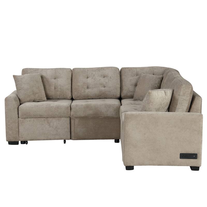 82.6" Velvet L-Shape 4-Seat Sectional Sleeper Sofa with USB Ports, Power Sockets and Wheels
