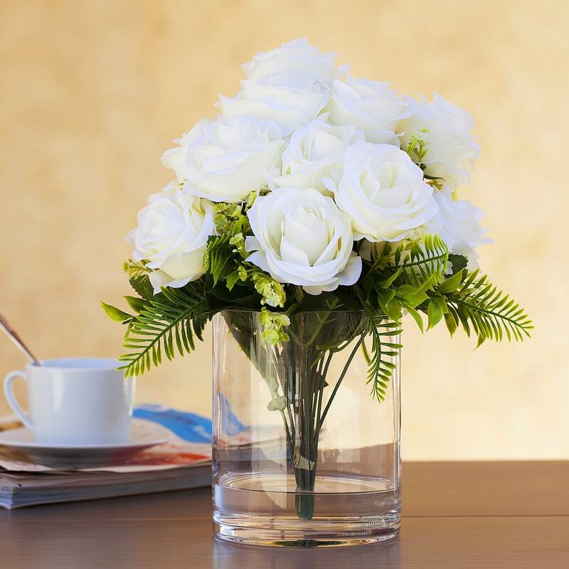 Enova Home Artificial 18 Heads Silk Roses Fake Flowers in Clear Glass Vase with Faux Water for Home Decoration