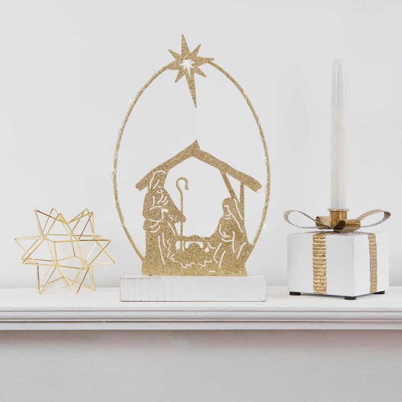 14" LED Golden Glitter Holy Family Nativity Scene Christmas Decoration
