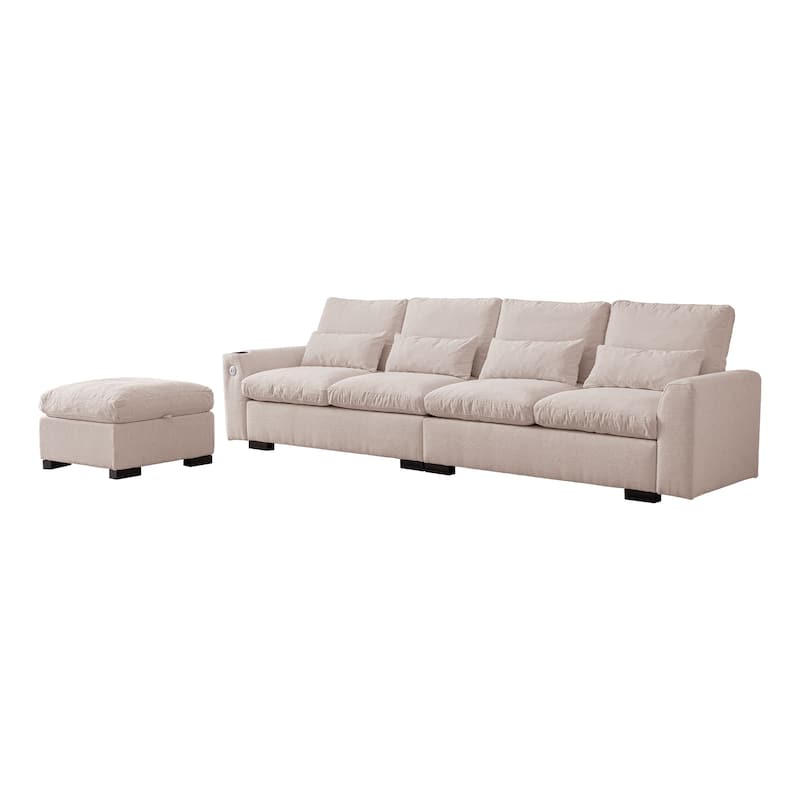 114.5" Modern Modular L Shaped Chenille Sofa with Reversible Ottoman, Storage, USB Ports & Cup Holder, Beige