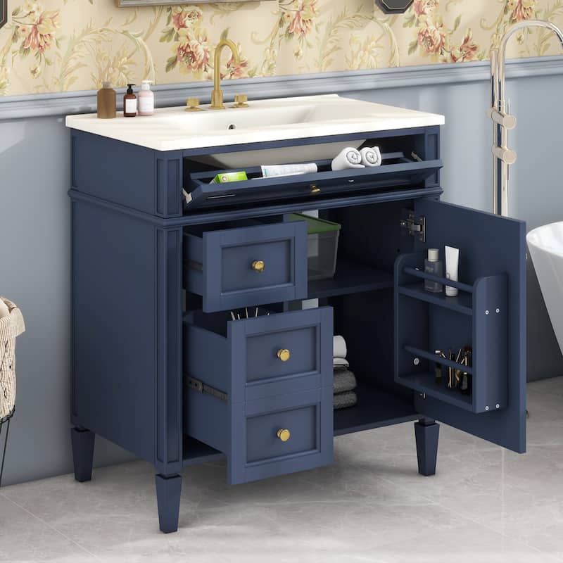 GDFStudio - Halmore Modern Freestanding Bathroom Vanity with Resin Sink, 2 Storage Drawers and a Tip-Out Drawer - 30'W