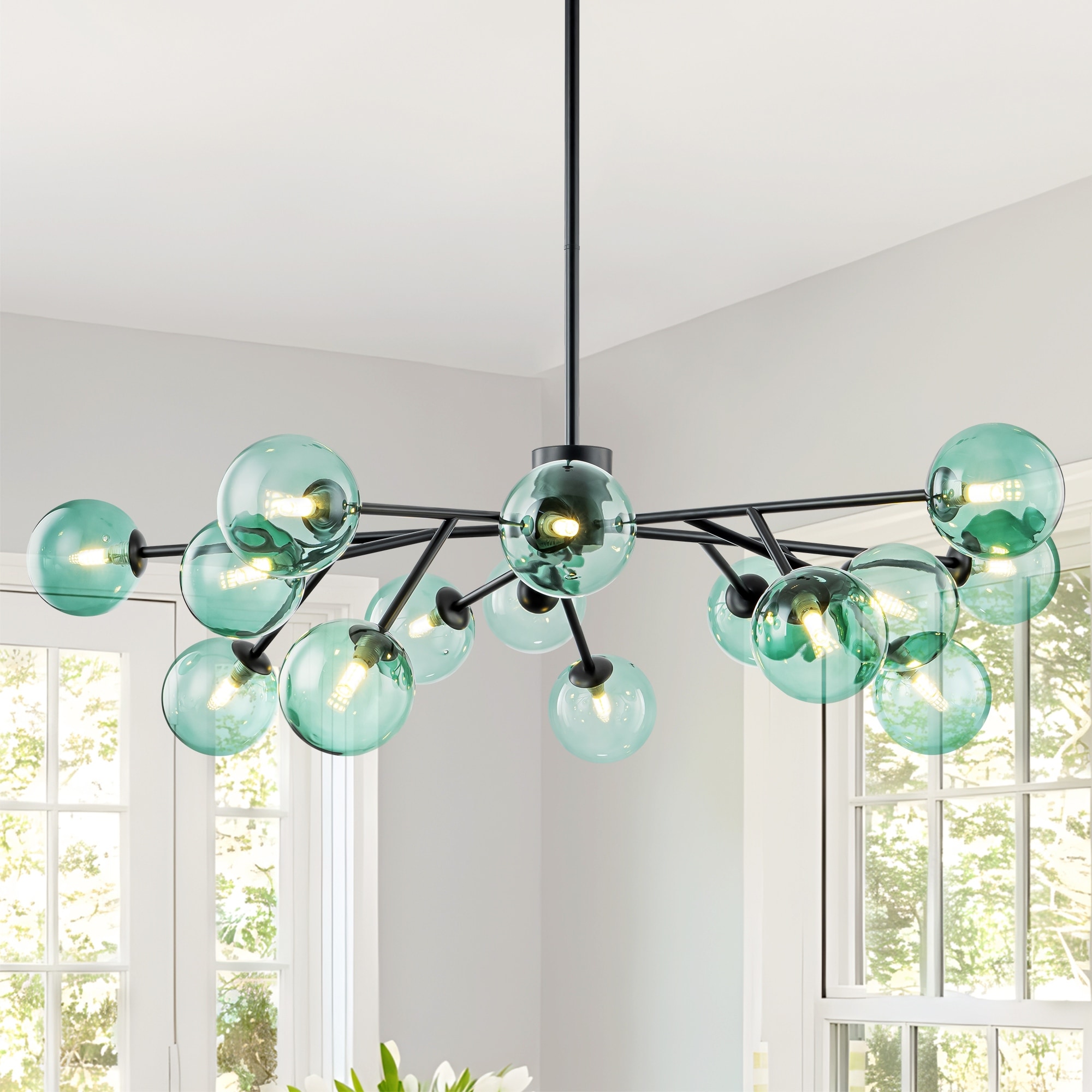 Rennnsan 15-Light Modern Glam Linear Sputnik Green Glass Globe Bubble Chandelier for Living Room