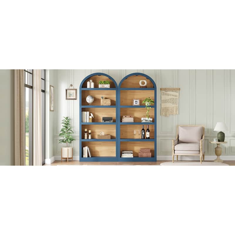 Freestanding Tall Bookshelves Set of 2, Farmhouse Two-Tone Open Storage Cabinet with Fabric Arched Top, 5-Tier Display Bookcase