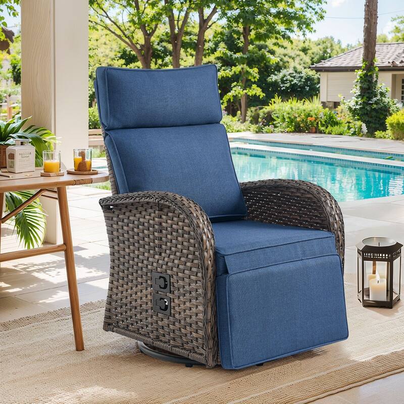 Pocassy Reclining Patio Chair with Adjustable Backrest - Blue Cushion - 1 Swivel Chair