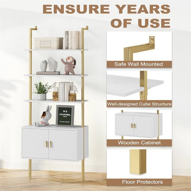 Ladder Bookshef with Cabinet Wall Mounted Bookcases - 13.8"D x 23.6"W x 72.8"H