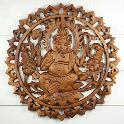 Hand Carved Wooden Ganesha Wall Panel Hindu Elephant God Art, Lotus Floral Mandala