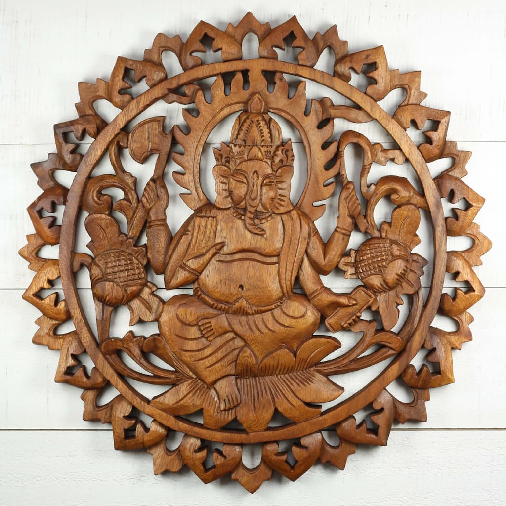 Hand Carved Wooden Ganesha Wall Panel Hindu Elephant God Art, Lotus Floral Mandala