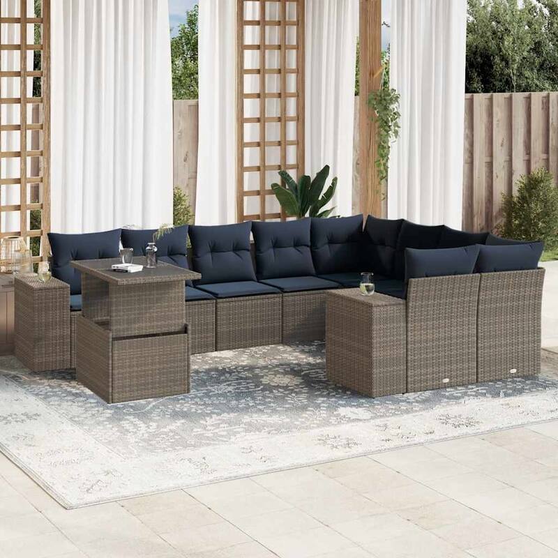 vidaXL Patio Sofa Set with Cushions Table and Couches 10 Piece Poly Rattan - 24.4" x 24.4" x 27.2" - Gray