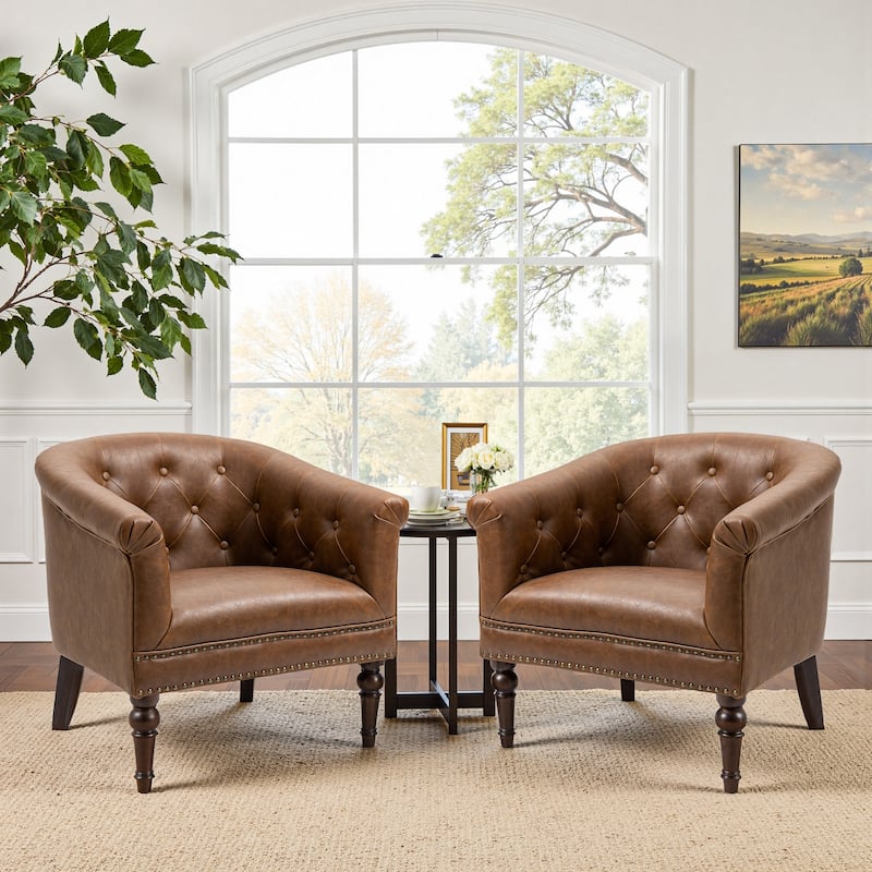Alina Modern Tufted Tub Barrel Faux Leather Accent Chair - Brown 2Set