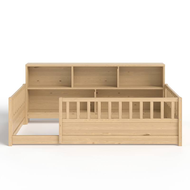 Wooden Floor Bed Frame with Fence Guardrail & Side Storage, Low Profile Kids Bed (Full/Twin)