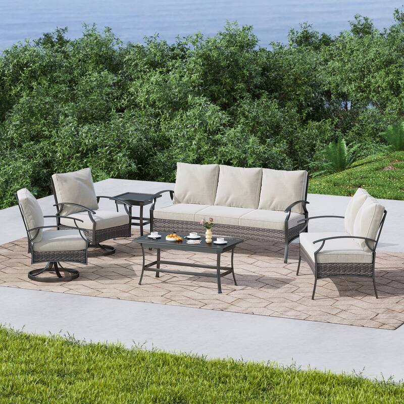 Patio PE Wicker Conversation Set with Swivel Chairs, Coffee & Side Table - 6 Piece - Beige