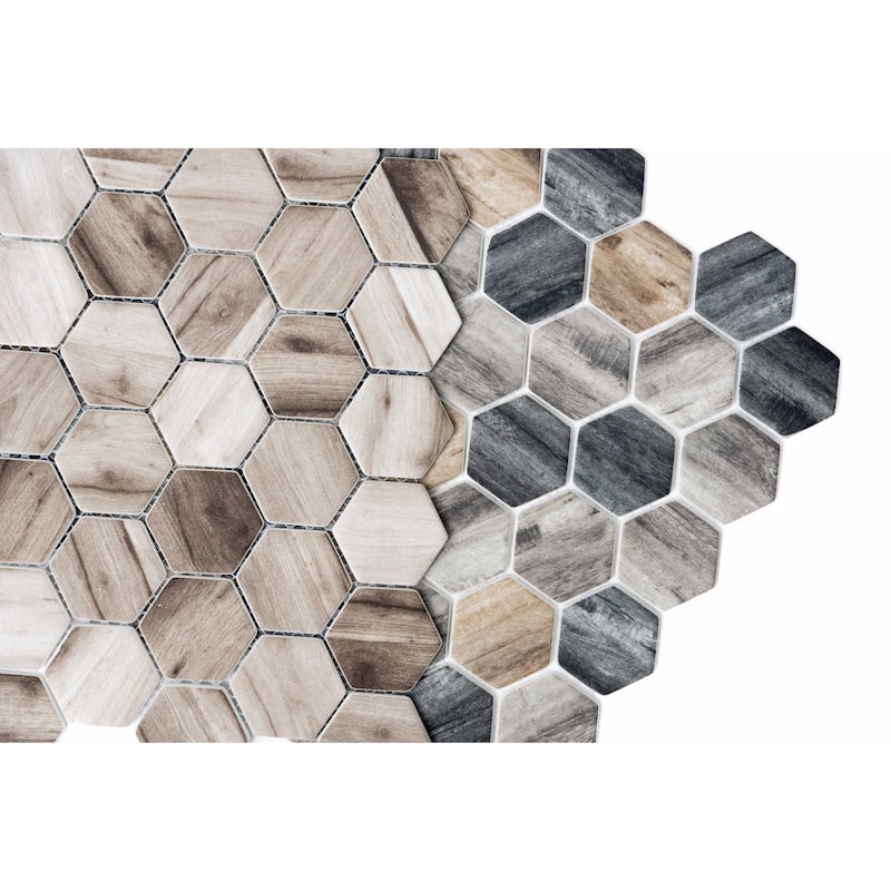 Recycled 1.88x1.88 Greige Wood Look Glass Hexagon Mosaic Tile - Wall & Backsplash