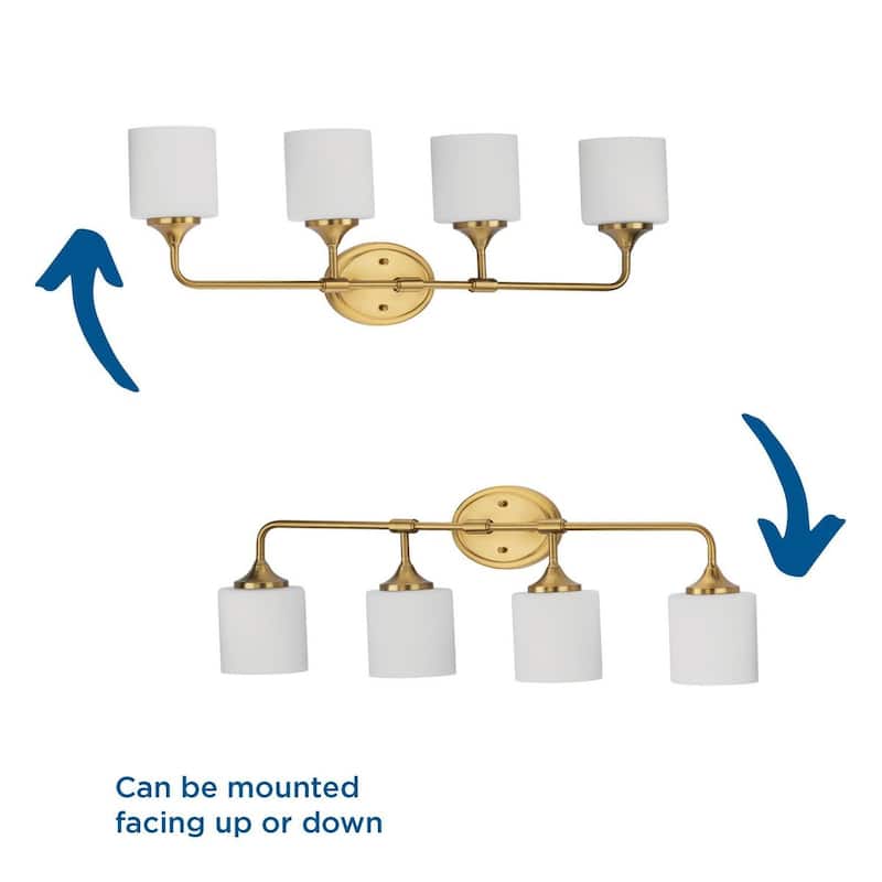 Lynzie Collection Four-Light Brushed Gold Etched Opal Glass Modern Bath Vanity Light - 33.25 in x 5.625 in x 11.125 in