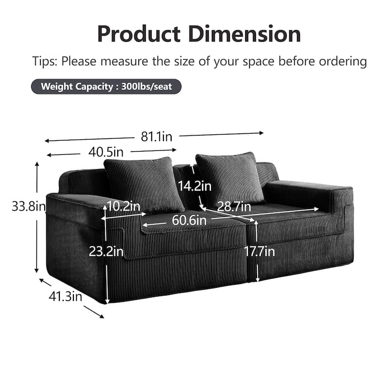 2-Seater Loveseat Boneless Sofa Couch with Deep Seat, Comfortable Modular Sofa Couch with Throw Pillows