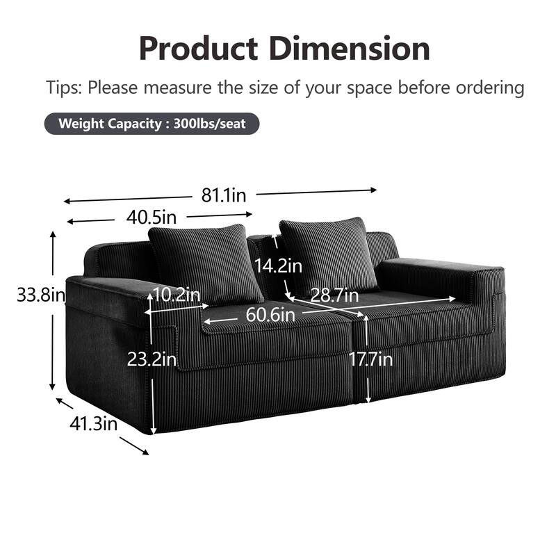 Modular 2-Seat Boneless Sofa, Modern Sectional Couch with Deep Seats, Wide Armrests, Corduroy Loveseat with Throw Pillows