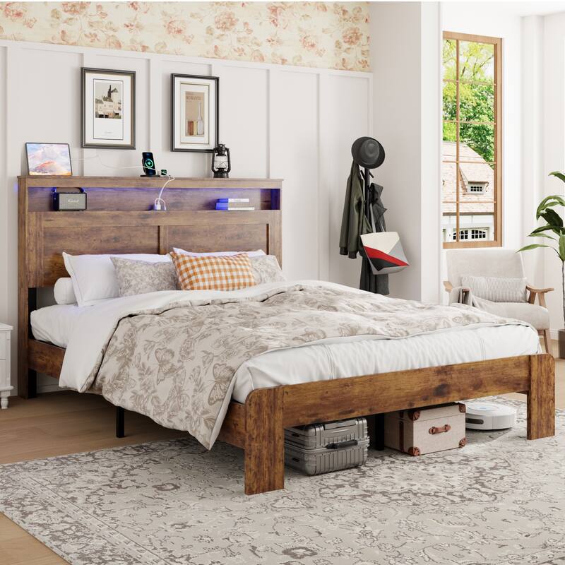 Roomfitters Queen Wood Platform Bed Frame with Illuminated Headboard, Charging Station, No Box Spring Needed, Dark Brown