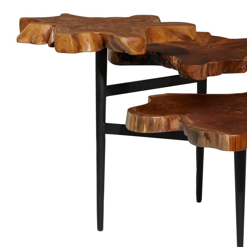 Teak Wood Handmade Live Edge 3 Tier Accent Table with Black Metal Base - Brown - Roche River Decor - 36"W x 34"L x 24"H