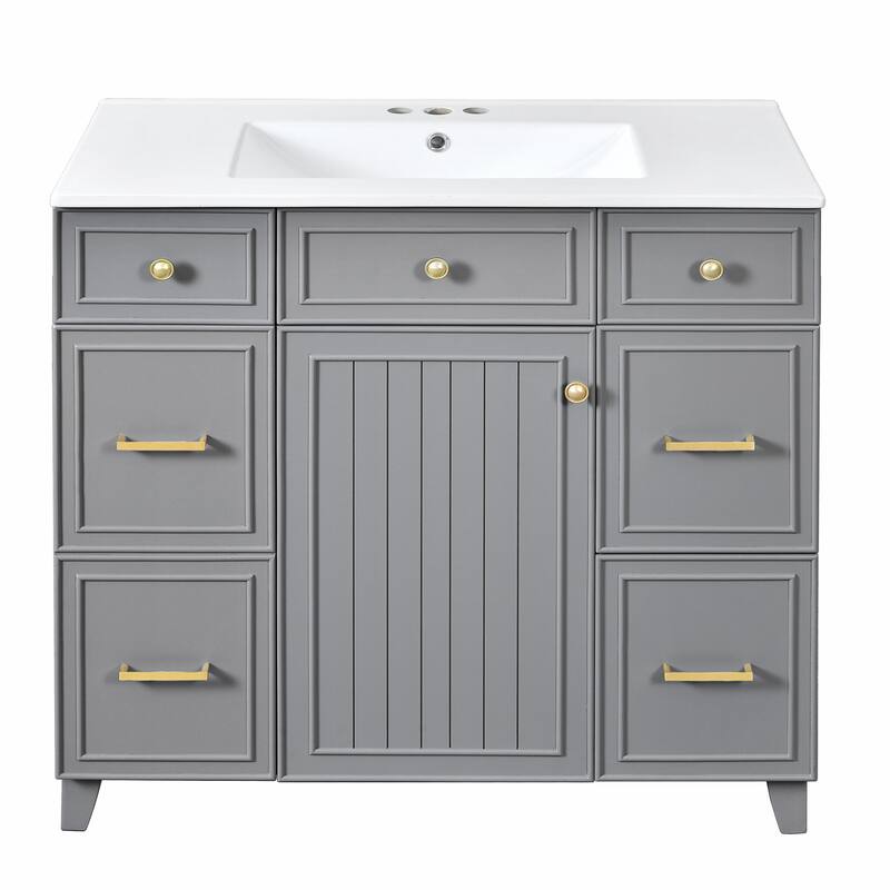 36" Bathroom Vanity with Ceramic Sink, Blue, Solid Wood Frame, Soft-Close Doors, Adjustable Shelves