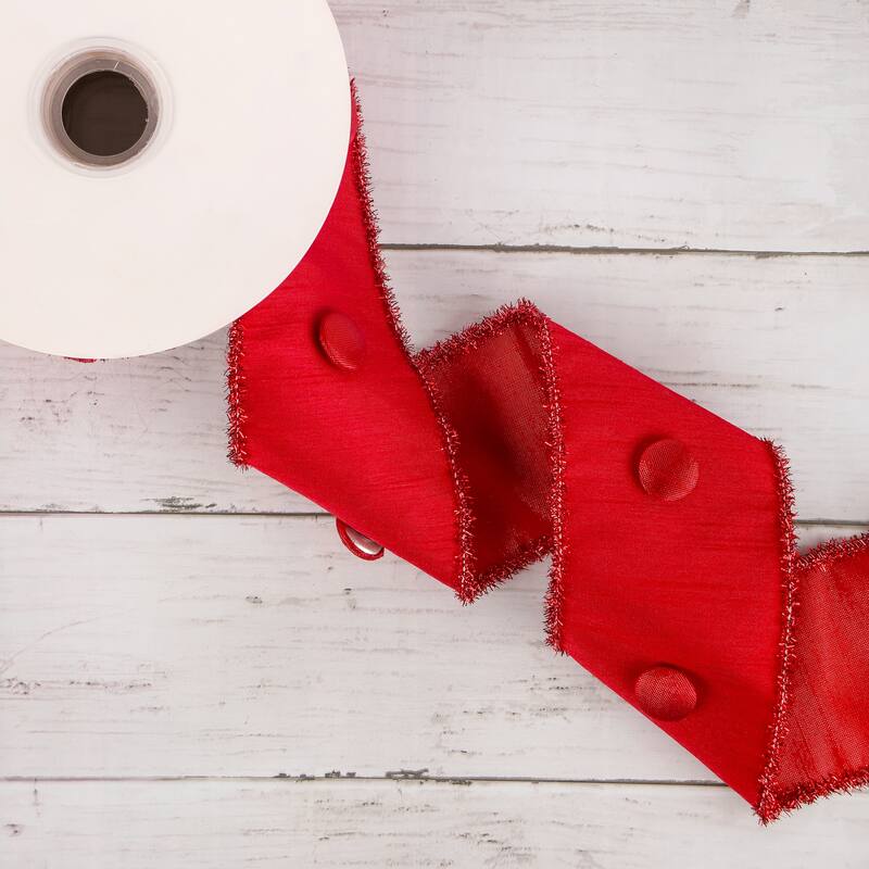 HGTV Home Collection Metallic Buttons Double Fused Dupioni Ribbon, Red, 3 in - 3 in