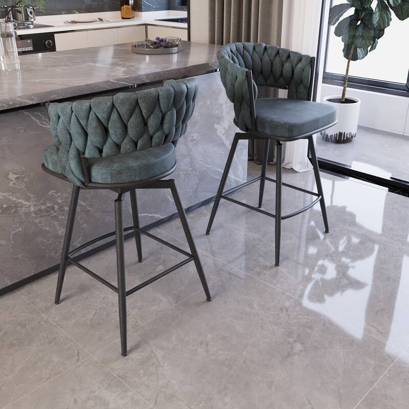 360 Swivel Suede Woven Bar Chair Set of 4, Upholstered Barstools with Metal Base